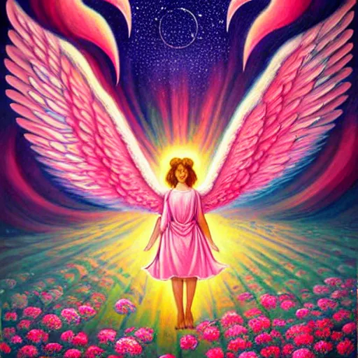 Image similar to abstract biblically accurate angel, giant wings, pink, flower blossoms, stars, night sky, hyper detailed, kawaii, by jacek yerka, lewandowski, hopper and gilleard, ryden, wolfgang lettl, hints of yayoi kasuma