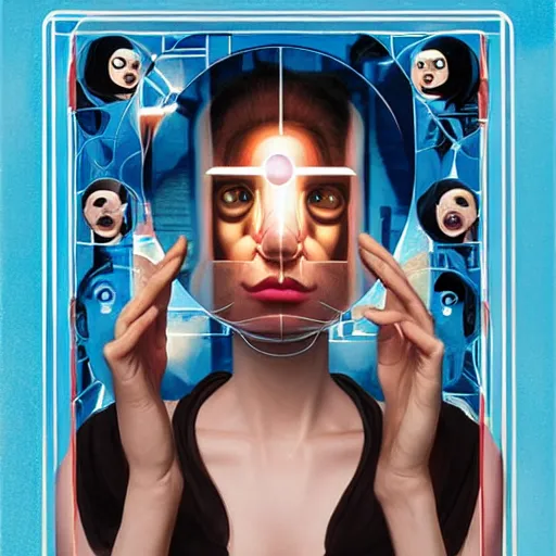 Image similar to lofi monkey in front of a mirror reflecting rule 34 expression of a human face, symmetrical hands, doctors mirror, Pixar style by Tristan Eaton Stanley Artgerm and Tom Bagshaw, high detail