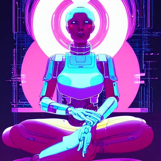 Image similar to a portrait of a beautiful cybernetic woman meditating, cyberpunk concept art by josan gonzales and jean claude meziere and syd mead and moebius