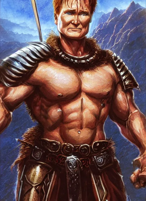 Image similar to illustration of conan o'brien as a dnd paladin with short blonde hair and big muscles, casting a protection spell, by john howe, james gurney