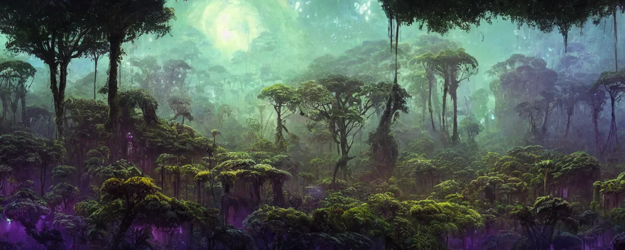 Prompt: ” outer planet with misty jungle covered in mycelium, [ moist, wet, lush, cinematic, detailed, epic, widescreen, opening, establishing, mattepainting, photorealistic, realistic textures, octane render, art by paul lehr ] ”