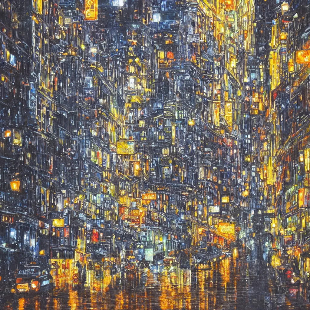 Prompt: brightly illuminated city street on a rainy day, acrylic and silver leaf on canvas, very beautiful, extremely detailed, stunning masterpiece by a very talented artist