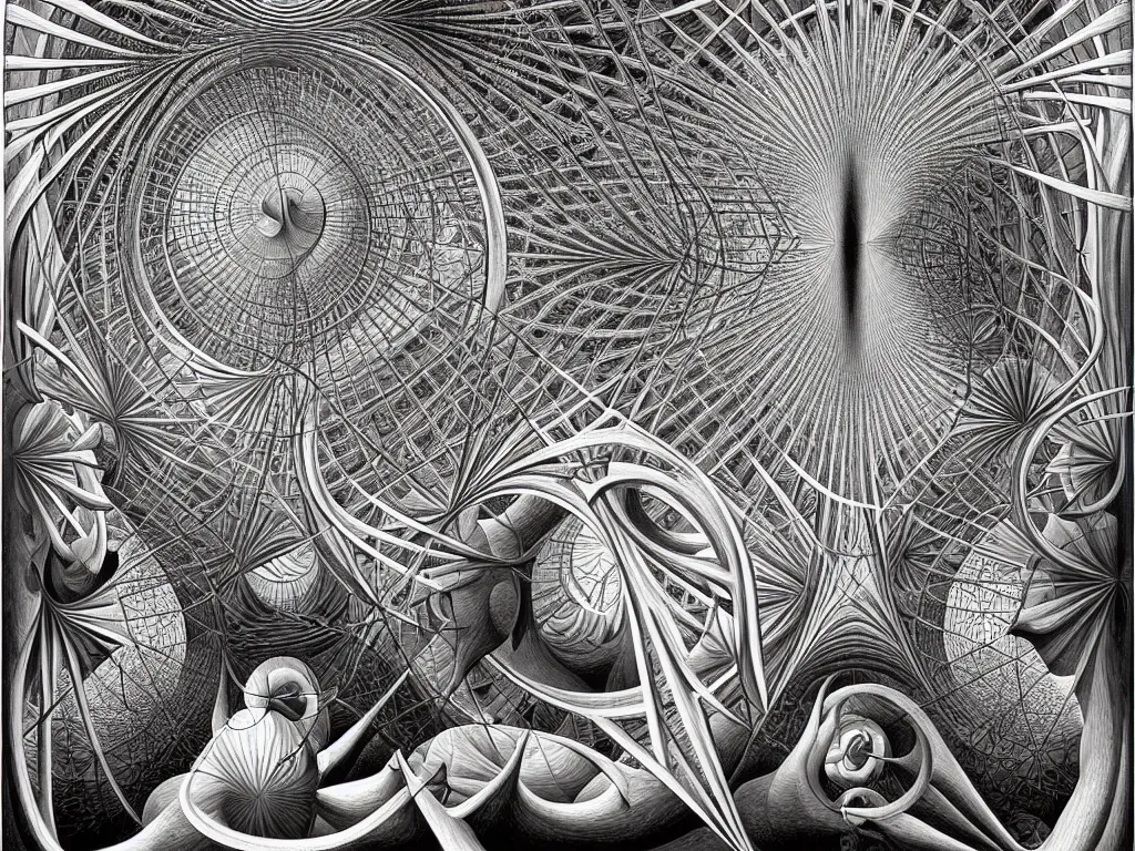 Prompt: surreal perspective, geometric, neo surrealism, art by ernst haeckel and daniel martin diaz and mc escher