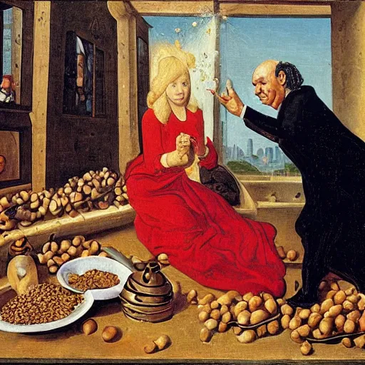 Image similar to painting of crouching Sara Netanyahu throwing peanuts at Benjamin Netanyahu, by Jan Van Eyck