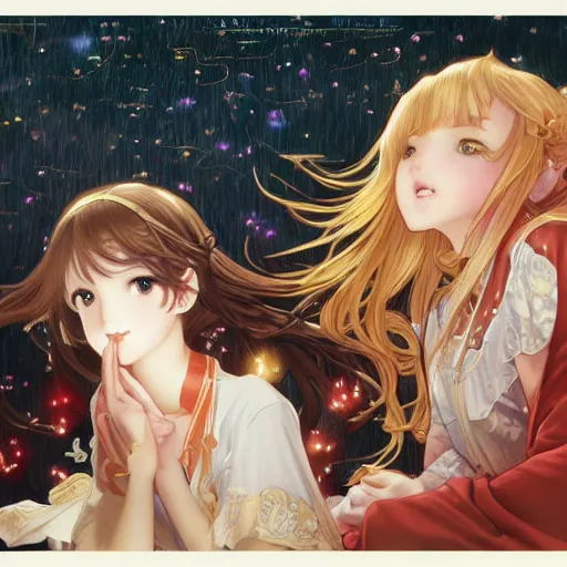 Image similar to two beautiful girls watching fireworks, digital art, by range murata, akiyuki shinbou, alphonse mucha, masamune shirow, josan gonzales, highly detailed, realistic, cinematic, trending on pixiv fanbox