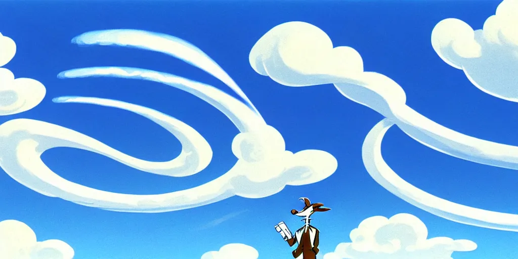 Image similar to cartoon concept art, clean blue sky, spiral cirrus clouds, from sam and max