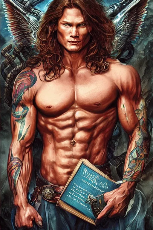 Image similar to muscular Sam Winchester with religious tattoos all over him, as a Spellcaster, holding a book with glowing runes on the cover, D&D dark fantasy style, sharp focus, ultra detailed, art by Artgerm and Peter Andrew Jones, Karol Bak, Ayami Kojima, Amano and Olivier Ledroit