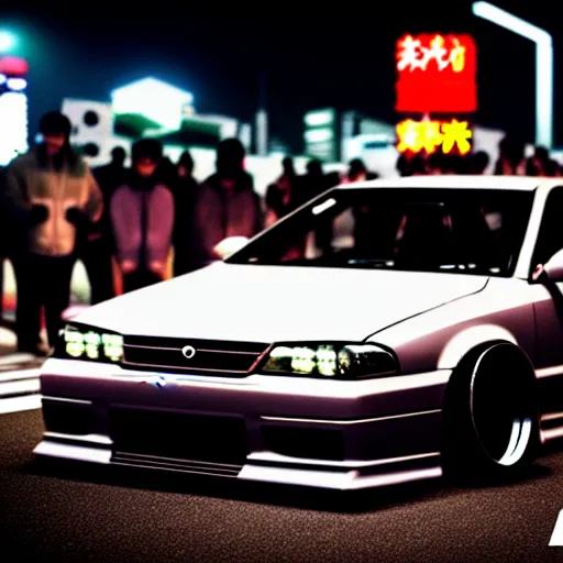 Prompt: a car JZX90 twin turbo drift at illegal car meet, Shibuya prefecture, city midnight mist lights, cinematic lighting, photorealistic, highly detailed wheels, high detail