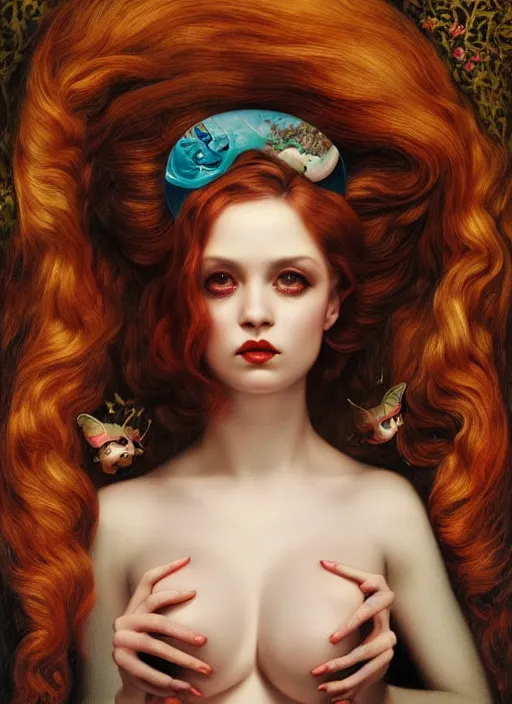 Image similar to pop surrealism, lowbrow art, realistic seductive woman painting, preraphaelites, hyper realism, muted colours, rococo, natalie shau, loreta lux, tom bagshaw, mark ryden, trevor brown style,