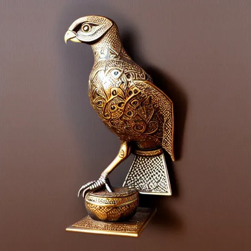 Image similar to gorgeous ornated bronze realistic detailed arabic falcon office decoration with filigree,