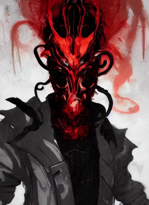 Image similar to half body portrait of an evil deity, a squid man in black mask and black rugged long trench coat made of smoke, red aura. in style of yoji shinkawa and hyung - tae kim, trending on artstation, dark fantasy, great composition, concept art, highly detailed, dynamic pose.