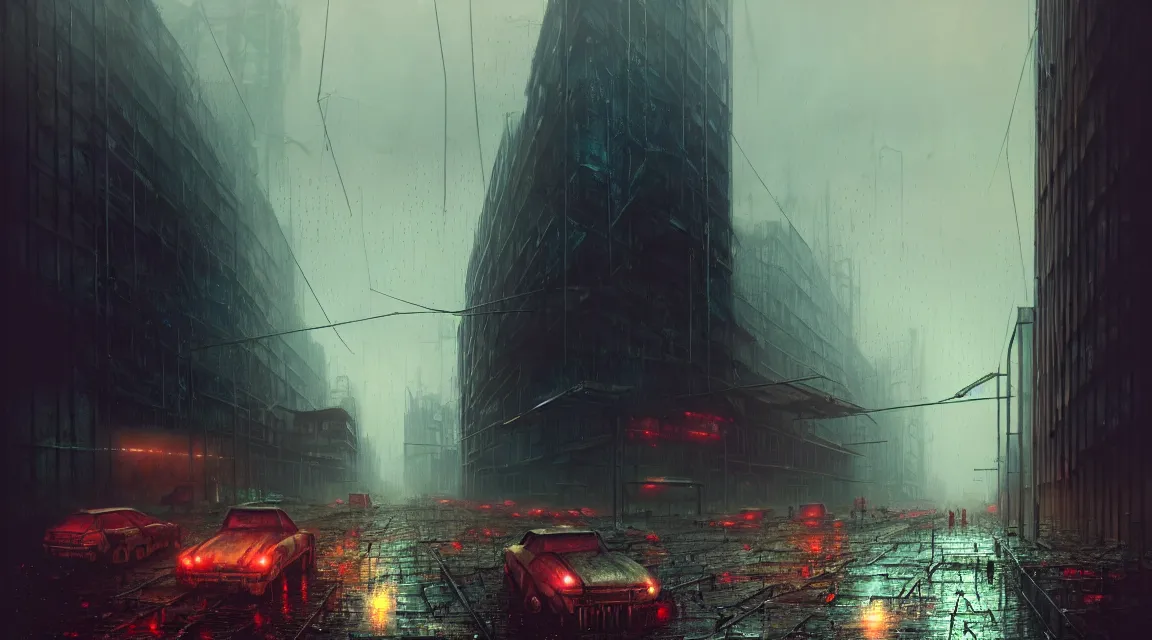 Image similar to post apocalyptic city building, raining, building, avenue, modern contemporary urban americana concrete architecture, paved roads, by greg rutkowski trending on artstation, photorealistic, neon ambiance, ultra detailed, high definition, depth of field, bokeh, wild vegetation, blood stains, crumbling, post - apocalyptic warriors