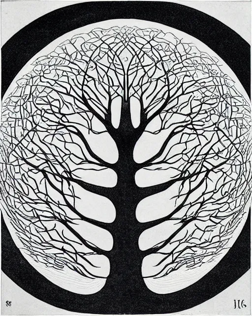 Image similar to “Infinity tree, geometric art by M.C. Escher, engraving, 1961”