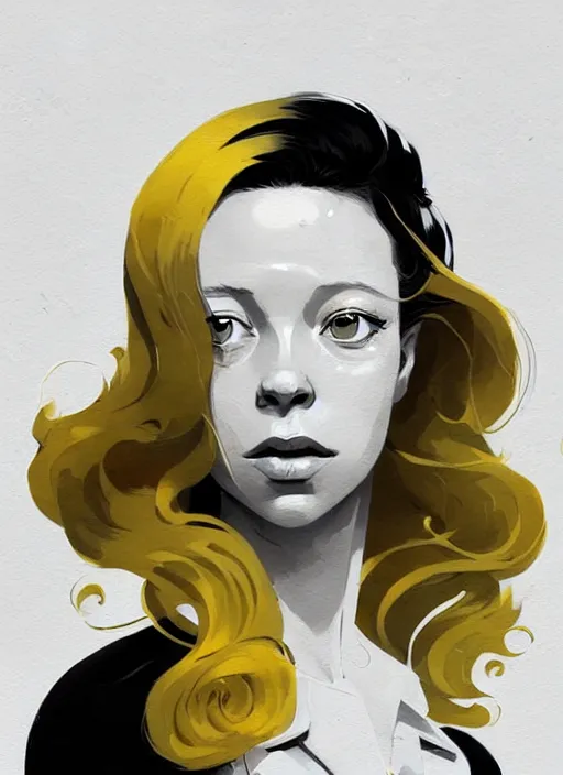 Image similar to highly detailed closeup portrait of beautiful portia doubleday, blonde wavy hair, angela moss, white suit by atey ghailan, by greg rutkowski, by greg tocchini, by james gilleard, by joe fenton, by kaethe butcher, gradient yellow, black and white color scheme, grunge aesthetic!!! ( ( graffiti tag wall background ) )