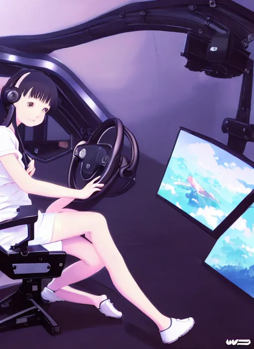 Prompt: portrait of cute girl driving on simracing simulator, personal room background, illustration concept art anime key visual trending pixiv fanbox by wlop and greg rutkowski and makoto shinkai and studio ghibli and kyoto animation, fanatec peripherals, playseat evolution, thrust brake pedals, gaming chair, ferrari, thrustmaster ts pc racer, curved monitor