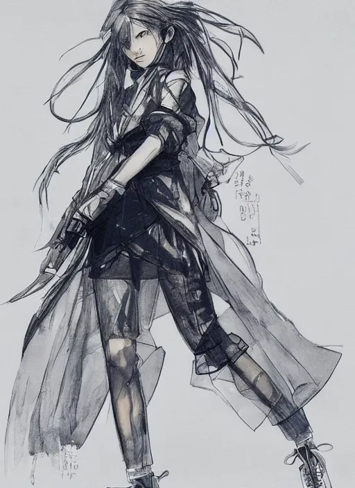 Prompt: a yoji shinkawa full body sketch of an architect girl with long hair and skinny legs wearing a puffy japanese kimono designed by balenciaga, a short holographic skirt and yeezy 5 0 0 sneakers