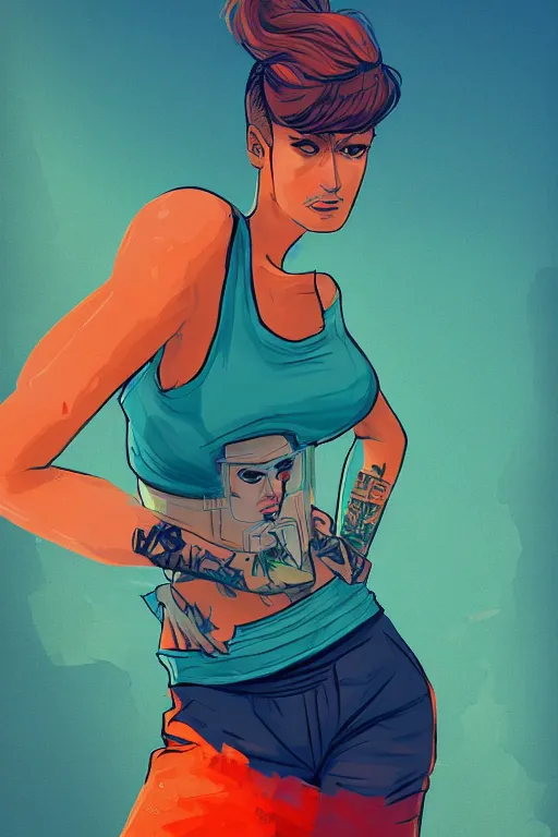 Image similar to a award winning half body portrait of a beautiful caucasian woman in a croptop and cargo pants with ombre orange blue teal hairstyle with head in motion and hair flying by will eisner, outrun, vaporware, digital art, trending on artstation, highly detailed, fine detail, intricate