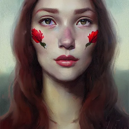 Image similar to Facial portrait of a pretty cottagecore girl, looking at the camera, slight awkward smile, lips slightly parted, no hands visible, extremely detailed painting by Greg Rutkowski and by Steve Henderson and by Harumi Hironaka