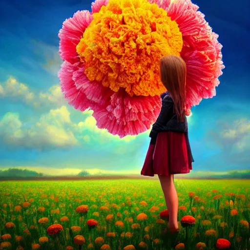 Image similar to head made of carnations flower, girl standing in a vast flower field, surreal photography, sunrise dramatic light, impressionist painting, colorful clouds, large sky, digital painting, artstation, simon stalenhag, flower face