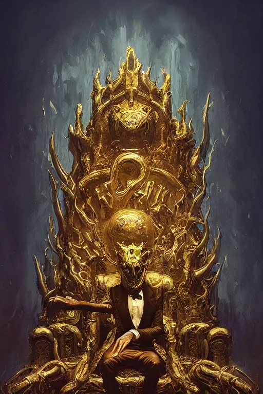 Prompt: lovecraftian gilded king on a throne in the underworld, underworld, hell, monster, devil, demon, digital art, in the style of greg rutkowski, trending on artstation