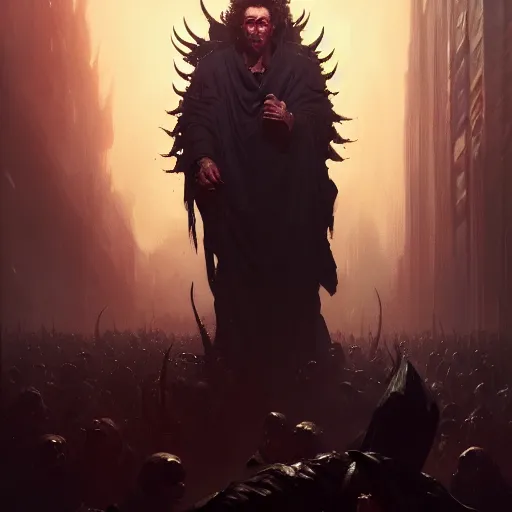 Image similar to joel osteen with deep black eyes wide open as the devil lording over his army of demons, greg rutkowski, trending on artstation, 8 k