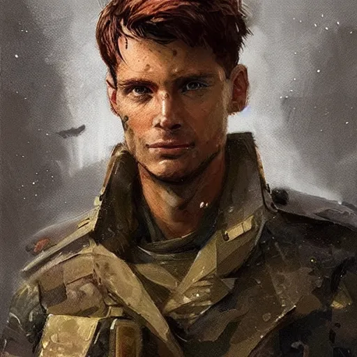 Image similar to Portrait of a man by Greg Rutkowski, he is about 30 years old, short copper hair, attractive, military composure, younger brother vibes, he is wearing futuristic military fatigues, cool uncle vibes, highly detailed portrait, digital painting, artstation, concept art, smooth, sharp foccus ilustration, Artstation HQ.