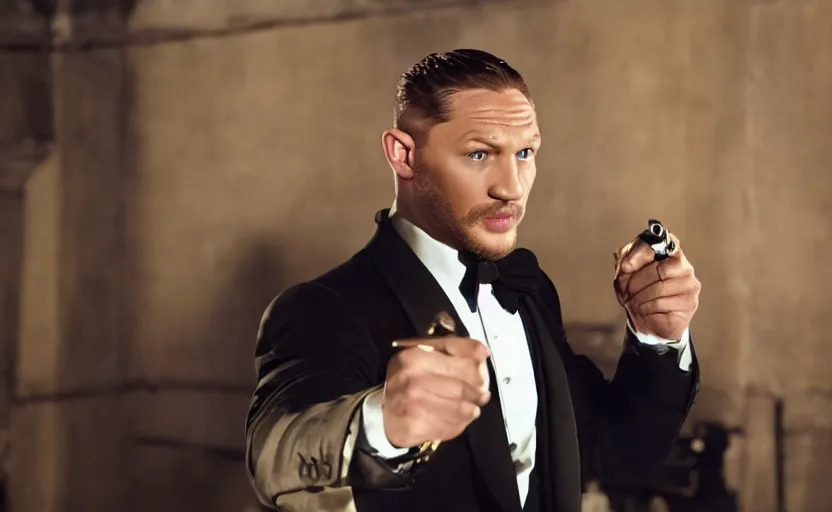 Image similar to film still of Tom Hardy as James Bond in Goldfinger, 8k,