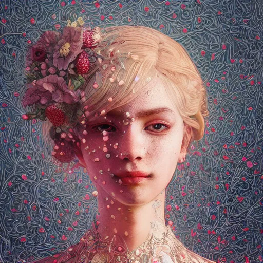 Image similar to the portrait of an absurdly beautiful, graceful, elegant, sophisticated, fashionable young woman made of strawberries and white petals crying, an ultrafine hyperdetailed illustration by kim jung gi, irakli nadar, intricate linework, bright colors, octopath traveler, final fantasy, unreal engine 5 highly rendered, global illumination, radiant light, detailed and intricate environment