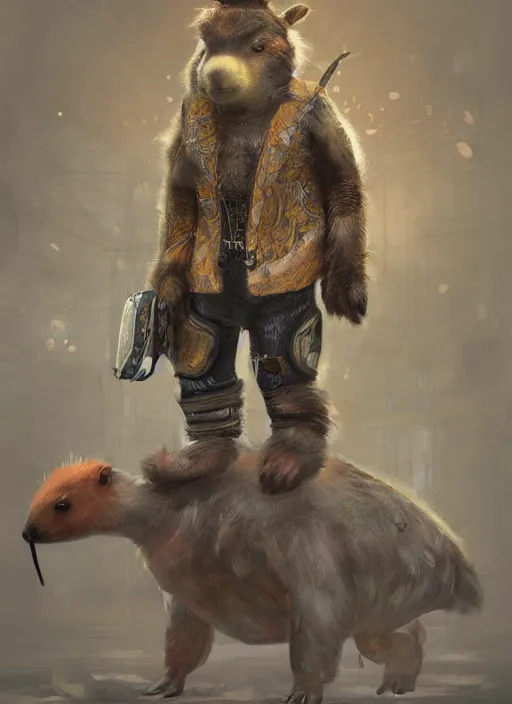 Prompt: detailed full body concept art illustration oil painting of an anthropomorphic capybara cab driver in full intricate clothing, biomutant, dystopian future, ultra detailed, digital art, octane render