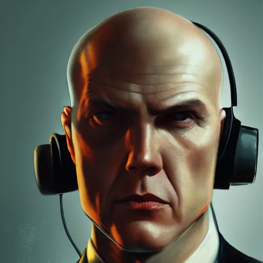 Prompt: a portrait of agent 4 7 from hitman wearing headphones, dark background, red rim light, highly detailed, digital art, artstation, concept art, smooth, sharp focus, greg rutkowski, wlop