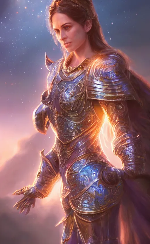 Image similar to the great beyond, beautiful woman in knights armor, sharp focus, intricate, elegant, digital painting, artstation, matte, highly detailed, concept art, illustration, volumetric lighting, gold and blue and pink color scheme, bokeh light, art by greg olsen and liz lemon swindle