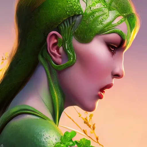 Prompt: profile view close up of a woman's mouth that is about to bite into a banana, summer queen. faerie queen. queen of light, green, poison ivy, made by caravaggio stanley artgerm lau wlop rossdraws artstation cgsociety concept art octane render