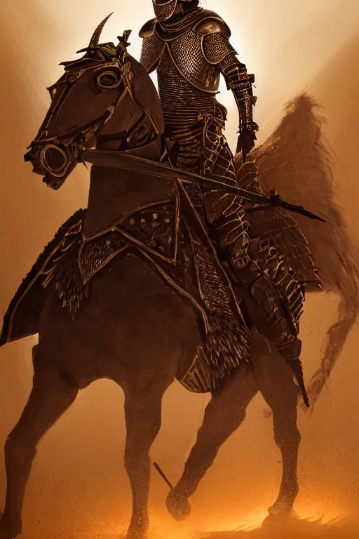 Image similar to Portrait of a king in the desert, Medieval Warrior fighting in a dark scene, detailed scene, Armour and Crown, highly detailed, blood and dust in the air, action scene, cinematic lighting, dramatic lighting, trending on artstation, elegant, intricate, character design, motion and action and tragedy, fantasy, D&D, highly detailed, digital painting, concept art