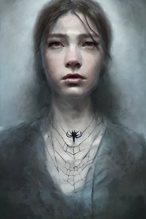 Image similar to A beuatiful portrait of a women wearing a spider pendent by Greg Rutkowski, Sung Choi, Mitchell Mohrhauser, Maciej Kuciara, Johnson Ting, Maxim Verehin, Peter Konig, Resident evil , 8k photorealistic, cinematic lighting, HD, high details, dramatic, atmospheric , trending on artstation