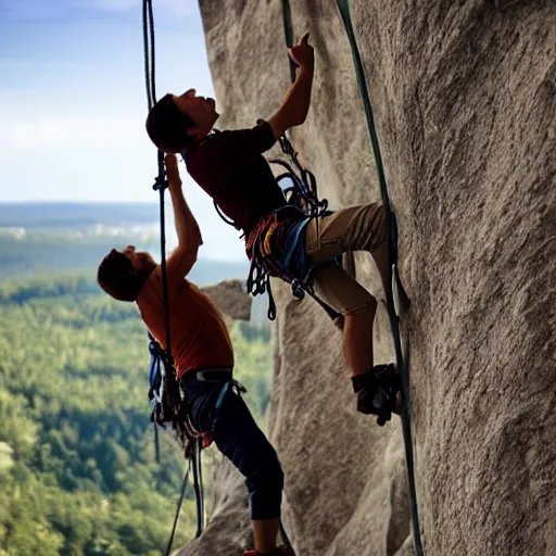 Image similar to two men rock climbing, photorealistic