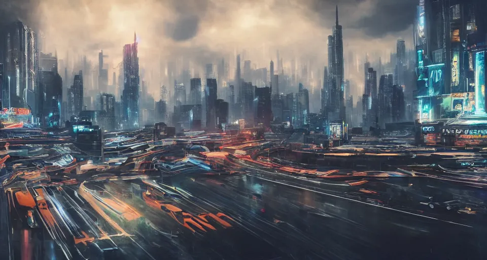 Image similar to An epic, distopian cityscape painting in the style of bladerunner with the German minister Christian Lindner. An automobile lobbyist is talking to him in secret, unreal 5, DAZ, hyperrealistic, octane render, volumetric clouds, dynamic lighting