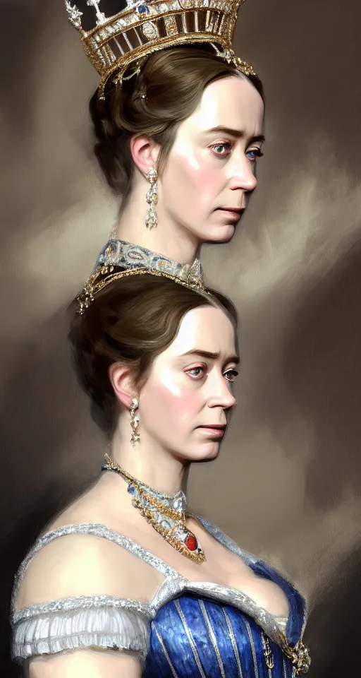 Image similar to portrait of emily blunt as queen victoria, jewelry, greek, sapphire, victorian age, 1 8 9 0, intricate, headshot, key visual, conceptart, ambient lighting, highly detailed, digital painting, artstation, concept art, sharp focus, by makoto shinkai and akihiko yoshida and greg manchess