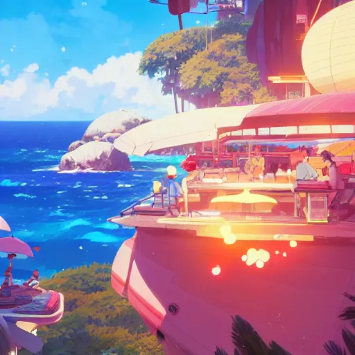 Image similar to enjoying the holidays in seychelles in 2 0 5 0!!, detailed, cory loftis, james gilleard, atey ghailan, makoto shinkai, goro fujita, studio ghibli, rim light, exquisite lighting, clear focus, very coherent, sea in background