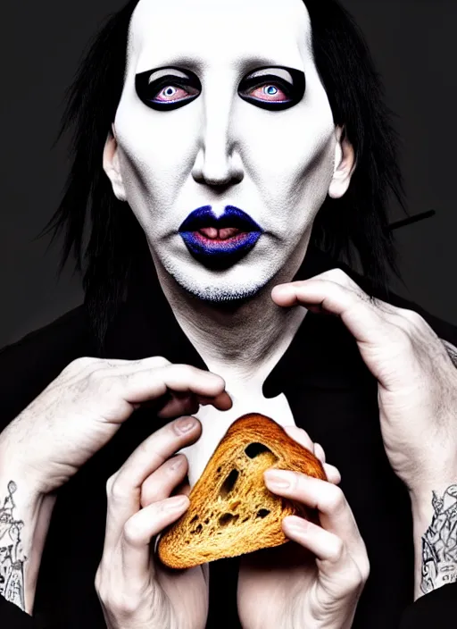 Prompt: marilyn manson eating toast, photo by oliver valsecchi, realistic, smooth face, perfect eyes, symmetrical, full body shot, wide angle, sharp focus, 8 k high definition, insanely detailed, intricate, elegant, art by artgerm