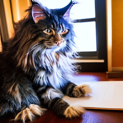 Image similar to my maine coon cat typing up a list of grievances to email to the management about the lack of treats. 3D, Pixar movie