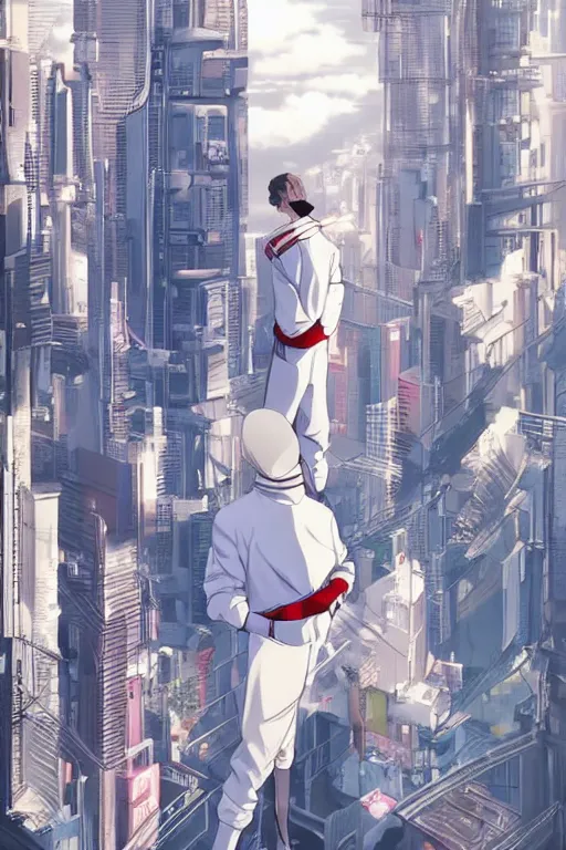 Image similar to man in white tracksuit overlooking a cyberpunk clean city, style of Mirror\'s Edge, dreamy, beautiful clouds, beautiful artwork by Makato Shinkai + Satoshi Kon, anime