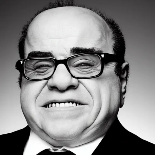 Prompt: ArnoldSchwarzeneggerDannyDevito hybrid, studio portrait, movie-cover-art headshot