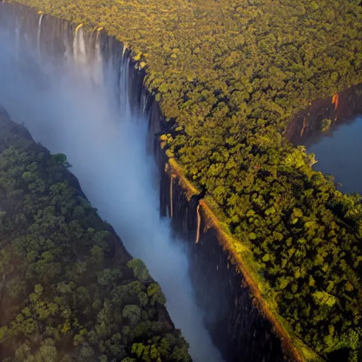 Prompt: a stunning areal photo of victoria falls zambia, zimbabwe. early morning mist