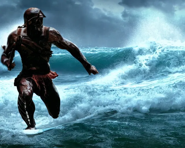 Image similar to single spartan with surfing waves, epic award winning action cinematic still from the movie 3 0 0, 8 k, global illumination, detailed face, muscles, rim highlights, hyper realistic, stunning waves, happy vibes