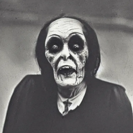 Prompt: old photo photo of an old scary woman in black suit, horror, high detail