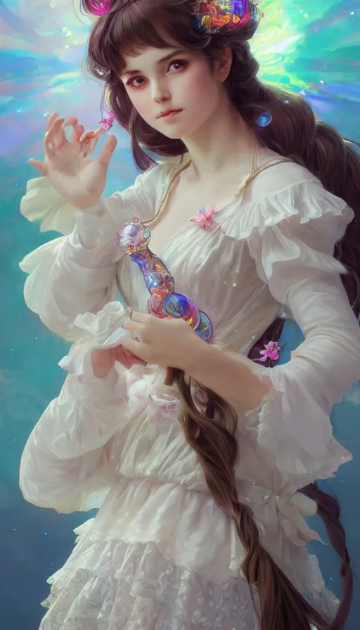 Image similar to portrait of magical lolita girl, dreamy and ethereal, (colour) eyes, peaceful expression, ornate frilly dress, fantasy, intricate, elegant, rainbow bubbles, highly detailed, digital painting, artstation, concept art, smooth, sharp focus, illustration, art by artgerm and greg rutkowski and alphonse mucha