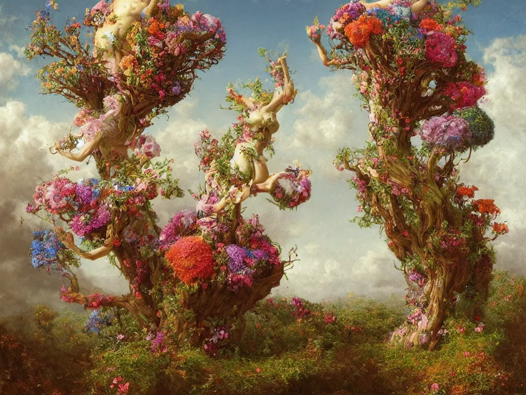 Prompt: artistic multicolor veduta with singular treant with crown like mycelium branches highly detailed and blossoming, with flowers by Agostino Arrivabene, Albert Bierstadt, Albert Koetsier and Agnes Lawrence Pelton