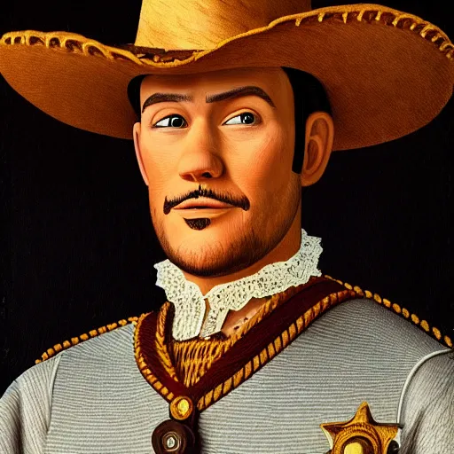 Image similar to a renaissance style portrait painting of Sheriff Woody