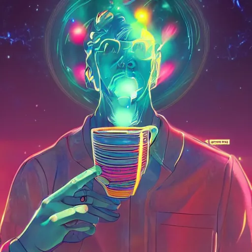 Image similar to A man drinking a cup of cosmic energy bright light by Masafumi Harada, 4k, digital art, surreal, anime style, space dandy style, highly detailed, godsend, artstation, space