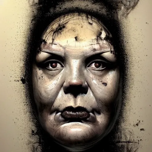 Prompt: portrait of the face of big fat old sumoringer as despair from sandman, venus of willendorf, by jeremy mann, by gregory crewdson, by bastien lecouffe deharme, by russ mills, sad face, topknot!!!, black hair, mourning, black eyes, white room, soft lightning, high detailed, 8 k